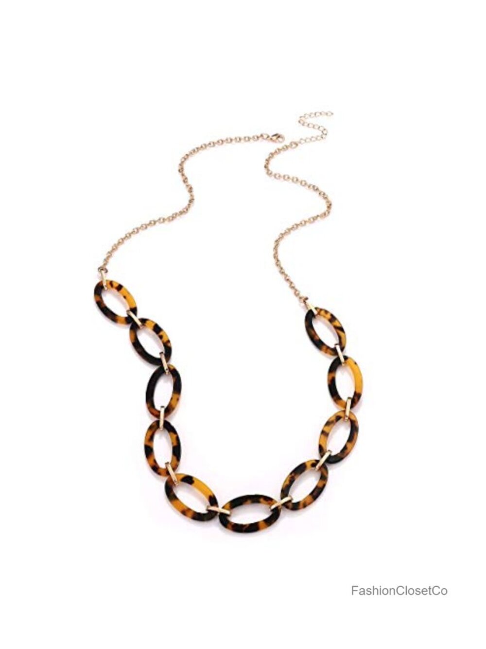 Tortoise Acrylic Link Necklace with Metallic Links and Lobster Clasp